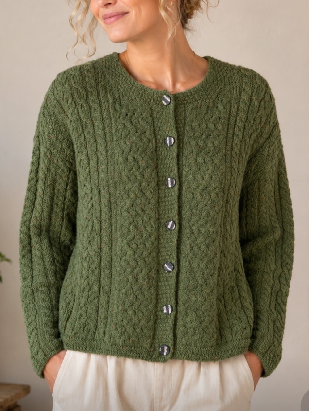Carraig Donn Irish Wool Green Cable Knit Button-Front Sweater Cardigan